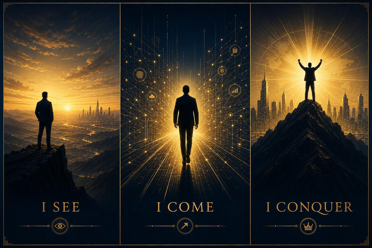 Three phases of "I See, I Come, I Conquer" — visionary, explorer, and implementer